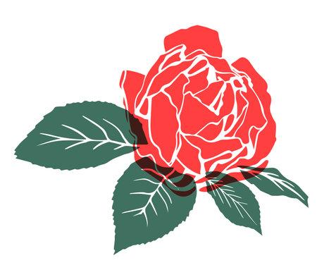 Single red vector rose flower with leaves riso print effect isolated on white backgroundのイラスト素材