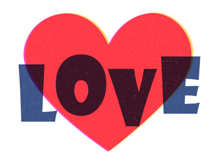Vector riso print effect heart with love text overlay isolated on white backgroundのイラスト素材
