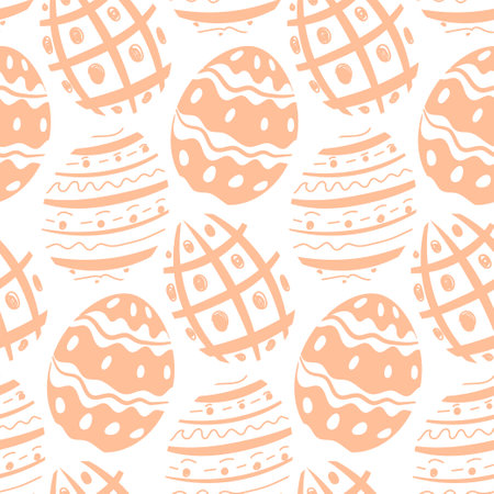 Cute vector pattern with various easter eggs peach fuzz color on white backgroundのイラスト素材