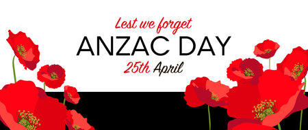 Anzac day horizontal banner layout with red poppies on white backgroundのイラスト素材