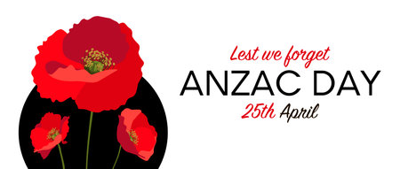 Anzac day horizontal banner layout with red poppies on black circle on white backgroundのイラスト素材