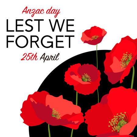 Lest we forget square post social template layout with red poppies on white backgroundのイラスト素材