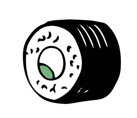 Single vector avocado sushi roll hand drawn doodle style side view isolated on white backgroundのイラスト素材