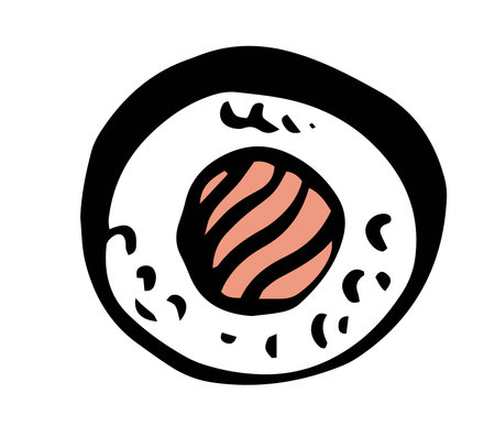 Single vector salmon sushi roll hand drawn doodle style front view isolated on white backgroundのイラスト素材