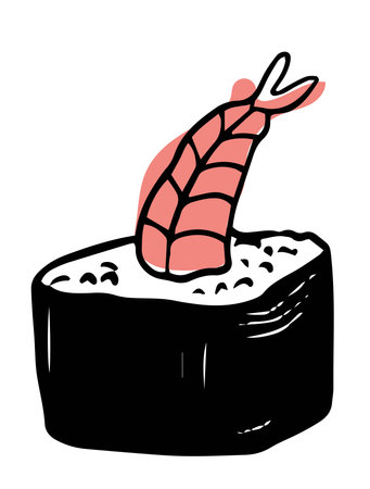 Single vector shrimp sushi roll hand drawn doodle style front view isolated on white backgroundのイラスト素材
