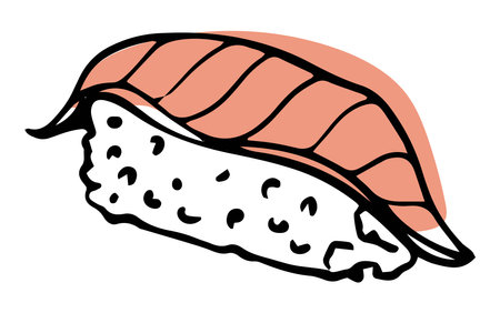 Single vector salmon sushi nigiri hand drawn doodle style side view isolated on white backgroundのイラスト素材