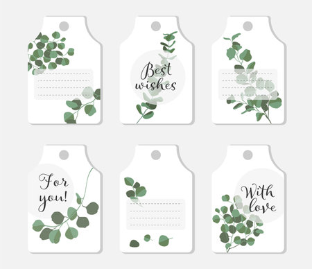 Vector wedding gift tag set with eucalyptus leaves flat styleのイラスト素材