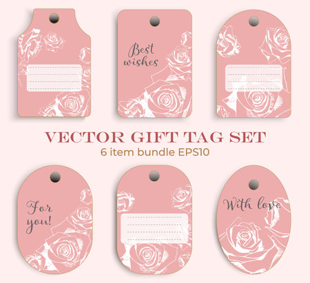 Vector wedding or birthday gift tag set with pink background and white contour roses lineart styleのイラスト素材