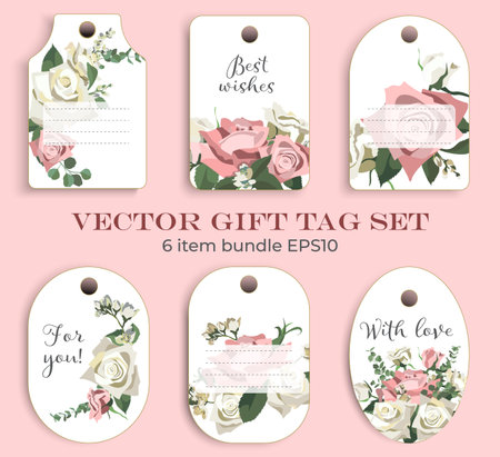 Vector wedding or birthday gift tag set with white and pink roses flat styleのイラスト素材