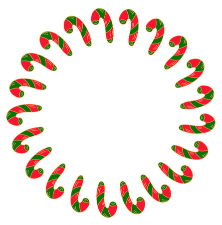 Christmas wreath with candy canes, decorative border doodle style isolated on white backgroundのイラスト素材