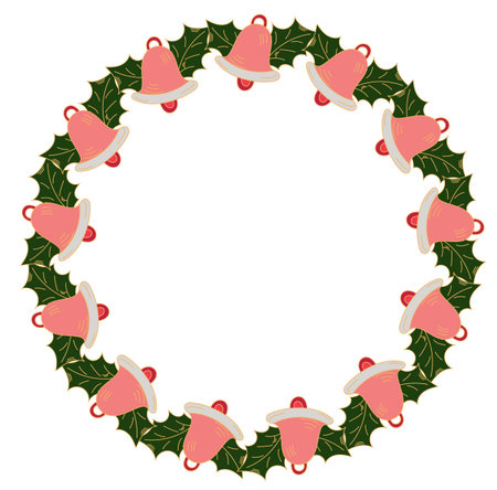 Christmas wreath with bells and holly leaves, decorative border doodle style isolated on white backgroundのイラスト素材