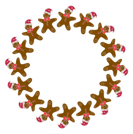 Christmas wreath with gingerbread man, decorative border doodle style isolated on white backgroundのイラスト素材