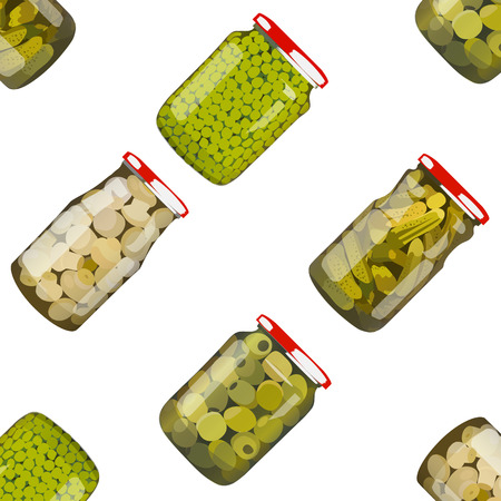 pickles in glass jars. Pickled realistic vegetables in glass. Peas, mushrooms, olives, cucumbers. Colorful Vector illustration.のイラスト素材