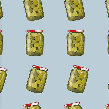pickles in jars. Pattern of pickled realistic olives. Colorful Vector illustration.のイラスト素材