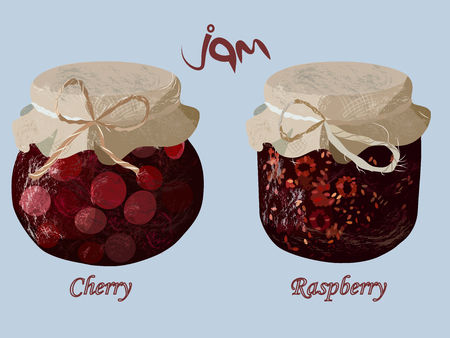 jam in glass jar. Realistic tasty marmalade. Raspberry and cherry set. Beautiful confiture. Vector illustration.のイラスト素材