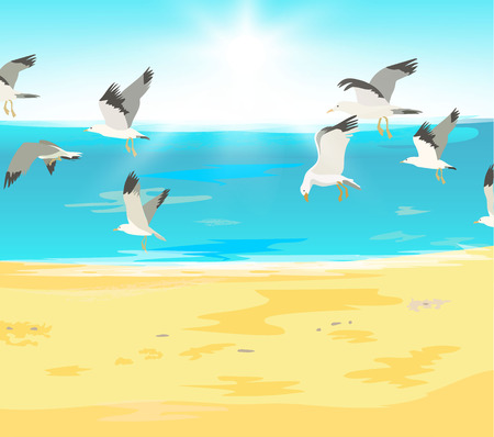 Summer holidays. Beach with flying seagulls and tropical sea with bright sun. Vector illustrationのイラスト素材