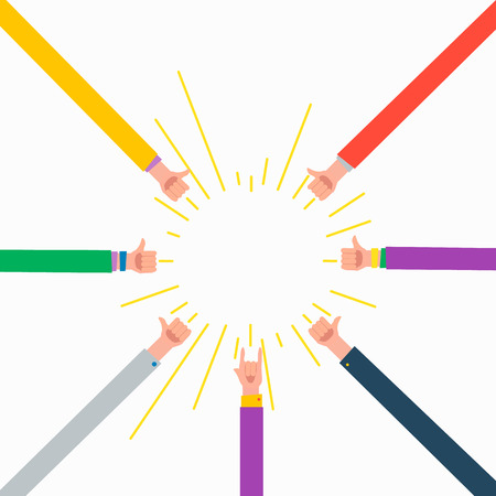 Thumbs up. Colorful flat hands with burst.のイラスト素材