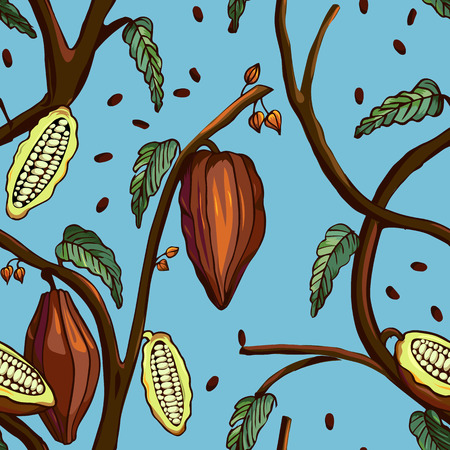 Cocoa tree pattern. Seamless background of cocoa tree with beans and leafs. Vector illustrationのイラスト素材