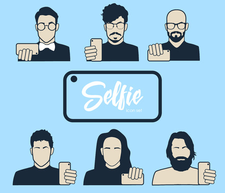Guys taking self photo - icons set. Hipsters do selfie. Mustache, Beard and Hair Style.のイラスト素材