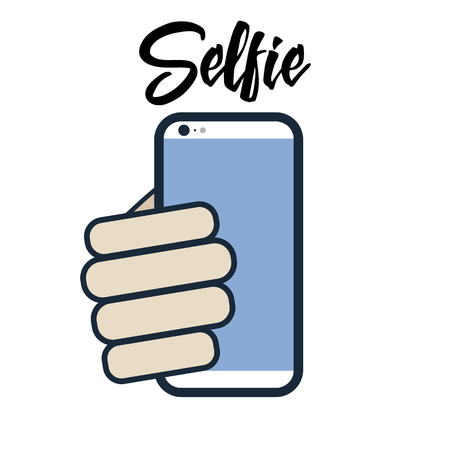 Phone icon with hand and lettering text "Selfie".のイラスト素材