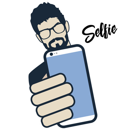 Guy taking self photo. Hipster do selfie. Mustache, Beard and Hair Style.のイラスト素材