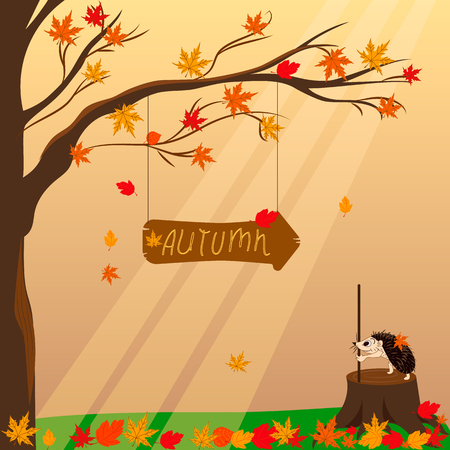 Autumn background. illustration with arrow plate "Autumn" on tree. Fallen leaves and cute hedgehog near maple tree.のイラスト素材