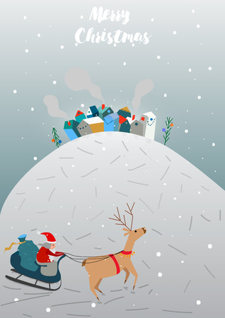 Santa Claus on sleigh and his reindeer. Winter houses. Christmas card. Vector illustration.のイラスト素材