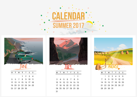 Colorful cute seasons calendar of Summer 2017. June, July, August. Can be used for web,banner,poster,label and printable. Vectorの写真素材