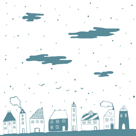 Cartoon sketch of small houses. Winter background. Vectorのイラスト素材