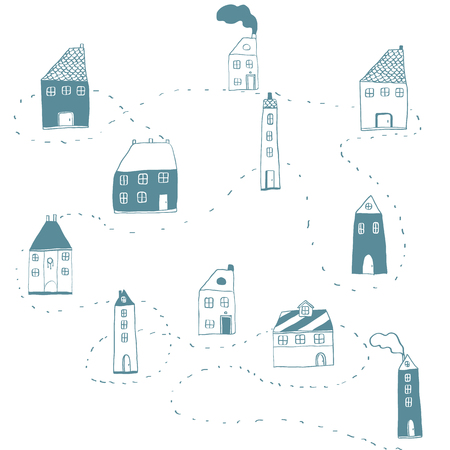 Cartoon sketch of small houses. Winter background. Vectorのイラスト素材