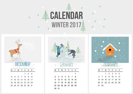 Colorful cute seasons calendar of Winter 2017. December, January, February. Can be used for web,banner,poster,label and printable. Vectorのイラスト素材