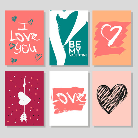 Vector collection of 6 cute Valentines card templates. Hand drawn elements by brush. Happy Valentines Dayのイラスト素材