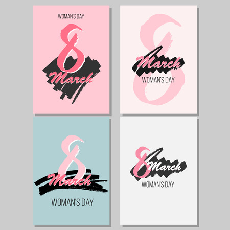 Set of four greeting cards for international womens day. Eight march. Usable for prints. Vector design. Hand drawn elements.のイラスト素材