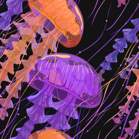 Seamless pattern with detailed transparent jellyfish. Orange and fiolet sea jelly on black background. Vector illustrationのイラスト素材