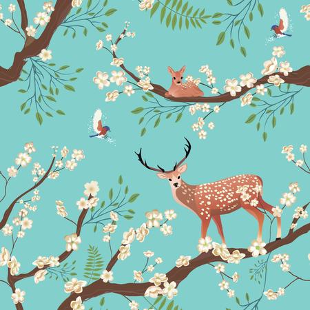 Seamless background of Sakura blossom or Japanese flowering. Flying birds and Sika deer staing on tree brunch.のイラスト素材
