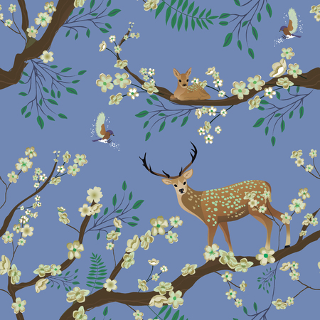 Seamless background of Sakura blossom or Japanese flowering. Flying birds and Sika deer staing on tree brunch.のイラスト素材