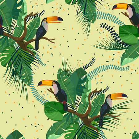 Tropical palm leaves, toucan birds on brunch. jungle leaves seamless vector floral pattern background.のイラスト素材