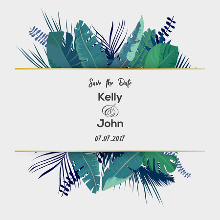 Trendy Summer Tropical Leaves Vector Design. Wedding invintation template. Vector illustrationのイラスト素材
