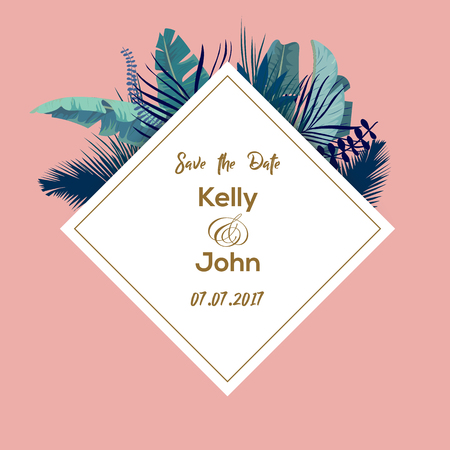 Trendy Summer Tropical Leaves Vector Design. Wedding invintation template. Vector illustrationのイラスト素材