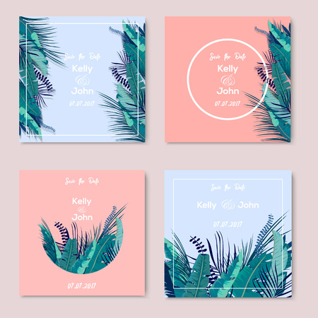 Collection of Wedding invintations with Trendy Summer Tropical Leaves. Vector Design. Cards templateのイラスト素材