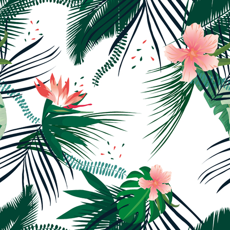 Seamless tropical pattern palm leaves. Summer Jungle floral background.のイラスト素材