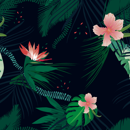 Summer exotic floral tropical palm, banana leaves. Pattern vector seamless on the dark background. Plant flower nature wallpaperのイラスト素材