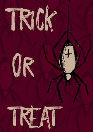 Creative hand drawn card for Halloween holidays. Trick or treat, Lettering with creepy spider on web. Goods for Invitation, flyer, party poster. Vector.のイラスト素材
