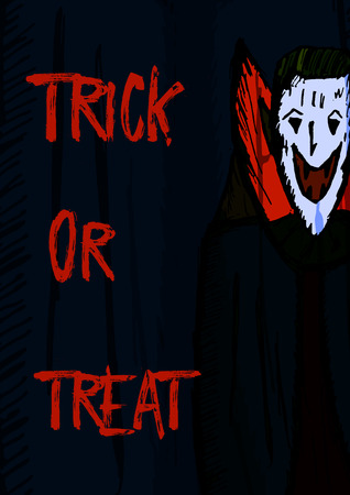 Creative hand drawn card for Halloween holidays. Trick or treat, Lettering text with scary dracula. Goods for Invitation, flyer, party poster. Vector.のイラスト素材