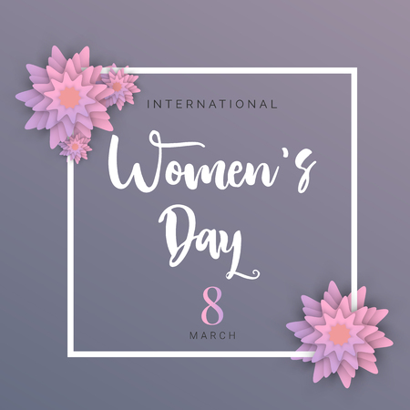 8 March for Floral Greeting card.  Paper cut purple-pink gradient flowers with circle frame, space for text.のイラスト素材