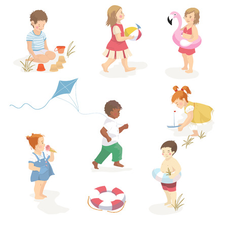 Collection of cartoon kids playing at the beach. Character set. Vectorのイラスト素材