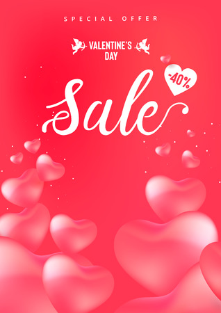 Happy Valentine's Day sale banner with calligraphy text and red baloon hearts. Vector illustrationのイラスト素材