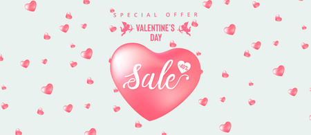 Happy Valentine's Day sale banner with calligraphy text and red baloon hearts. Vector illustrationのイラスト素材