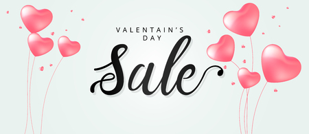 Happy Valentine's Day sale banner with calligraphy text and red baloon hearts. Vector illustrationのイラスト素材
