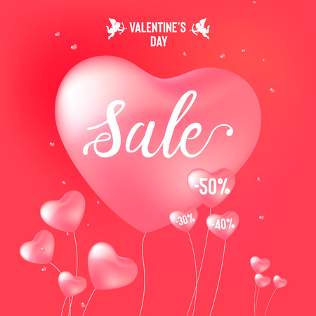 Happy Valentine's Day sale banner with calligraphy text and red baloon hearts. Vector illustrationのイラスト素材